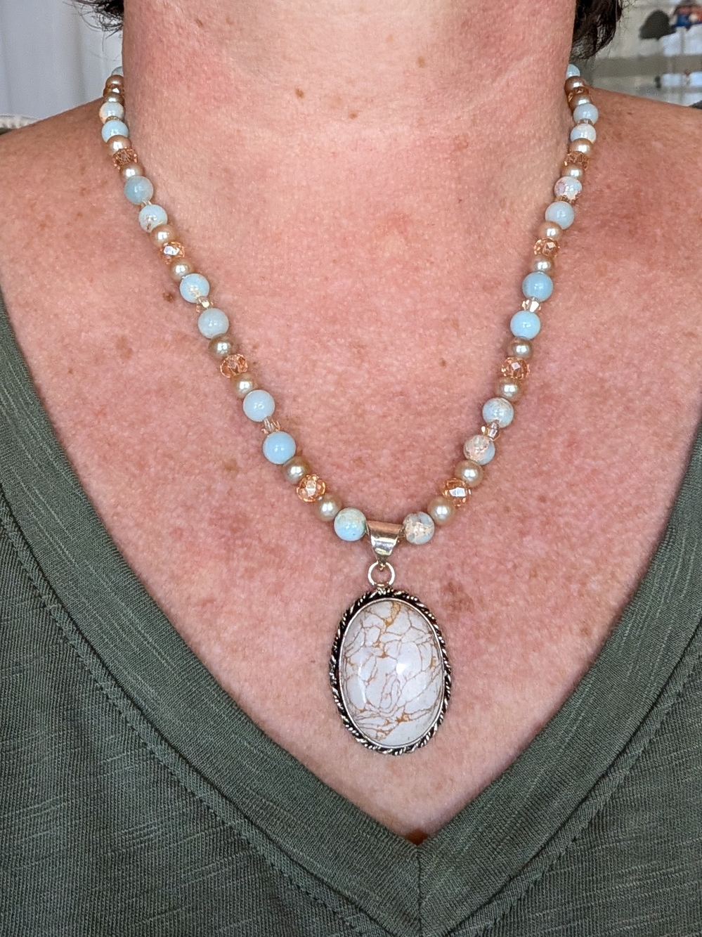 Handcrafted Blue and Gold Beaded Pendant Necklace